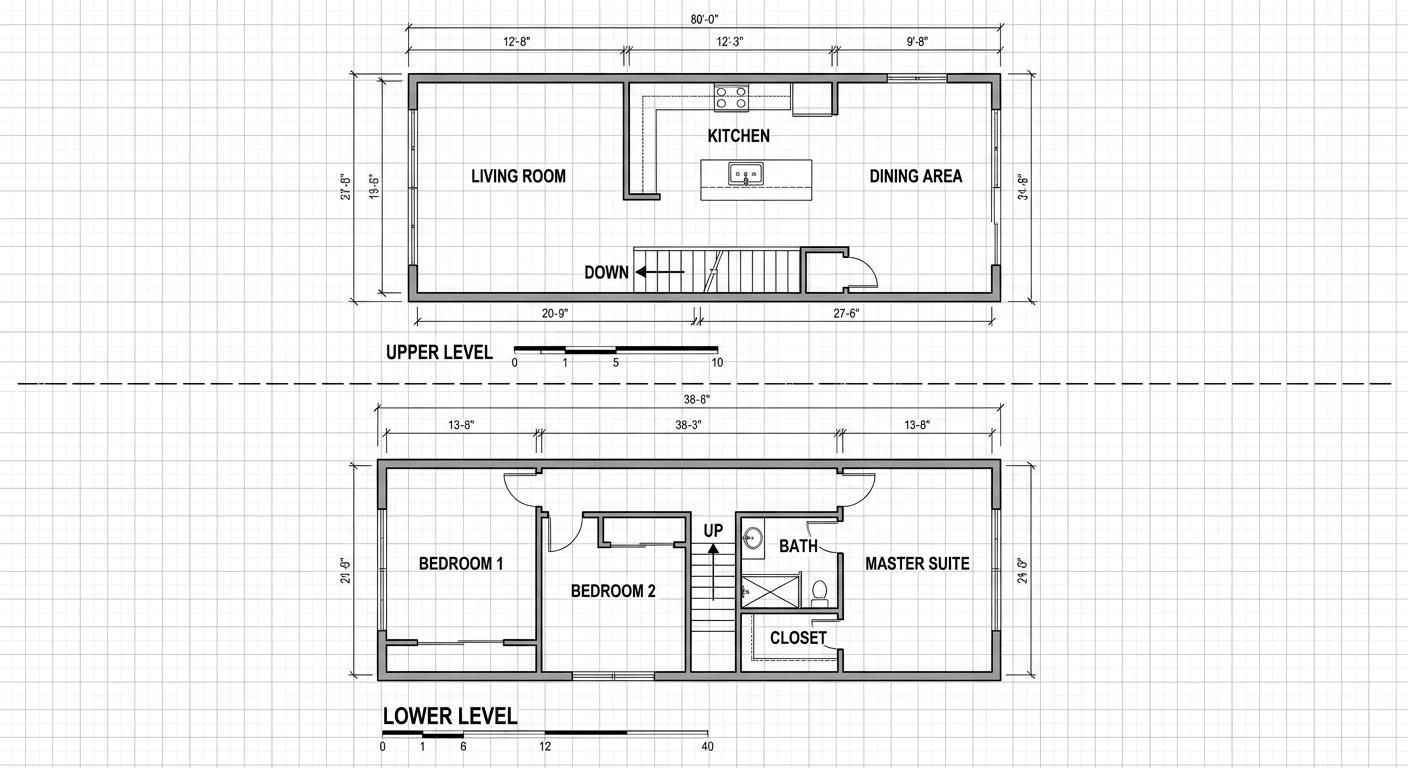 Split-level family floor plan concept for 1,100 to 1,260 sqm lots