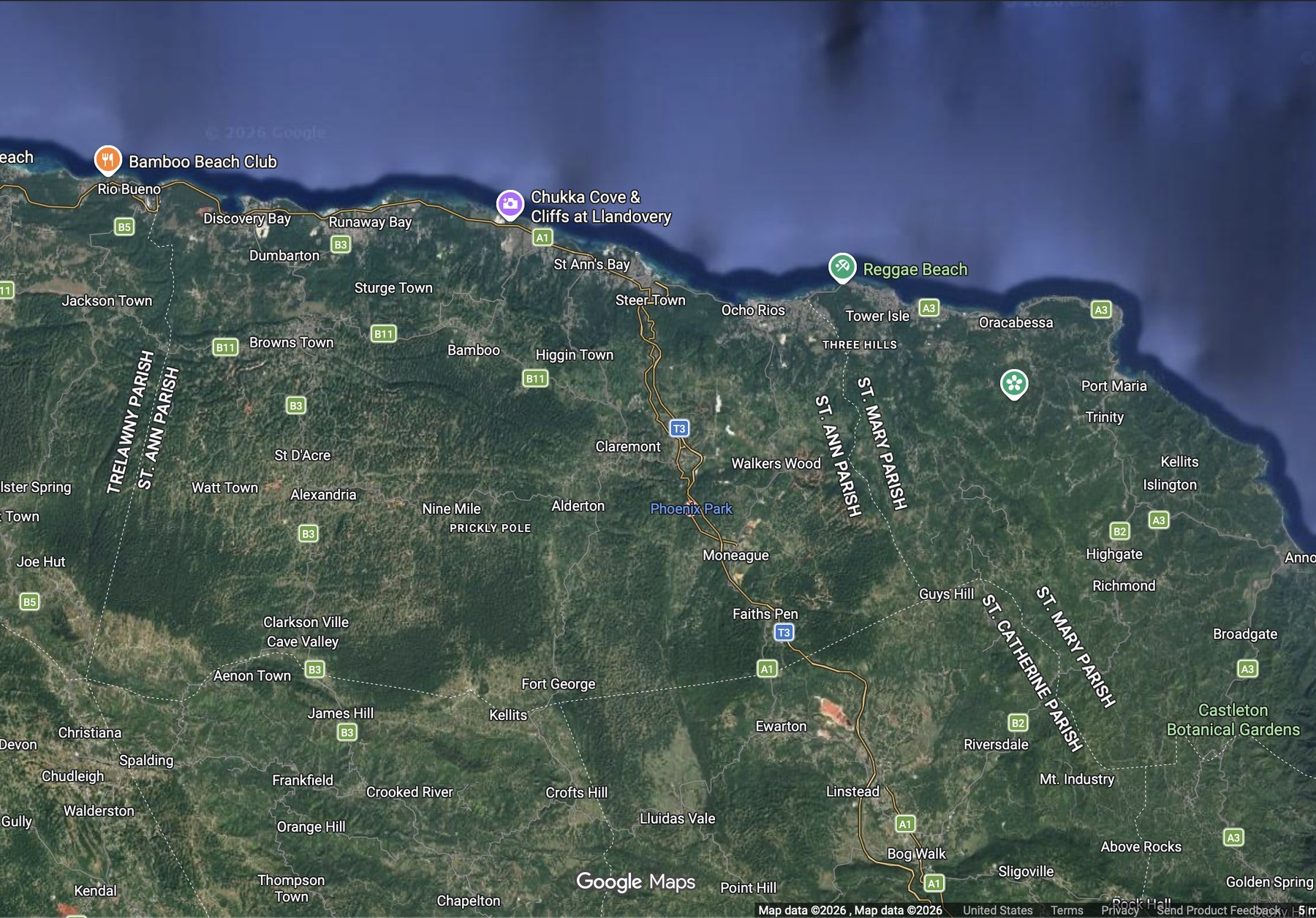 Regional map showing Phoenix Park near Moneague in St. Ann, Jamaica